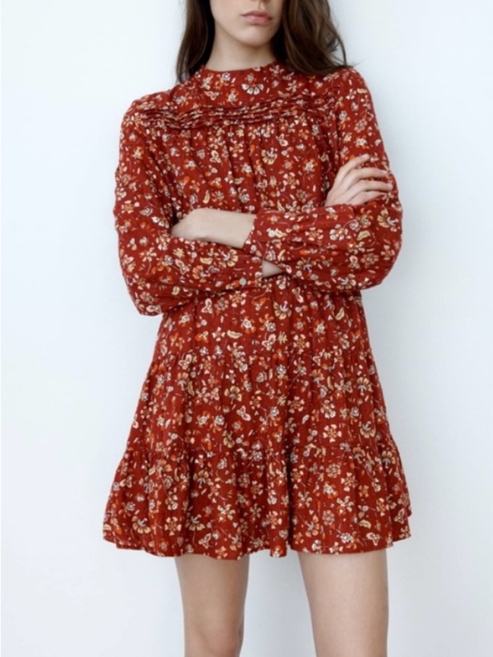Zara Red Floral High-Neck Long-Sleeve Mini Dress